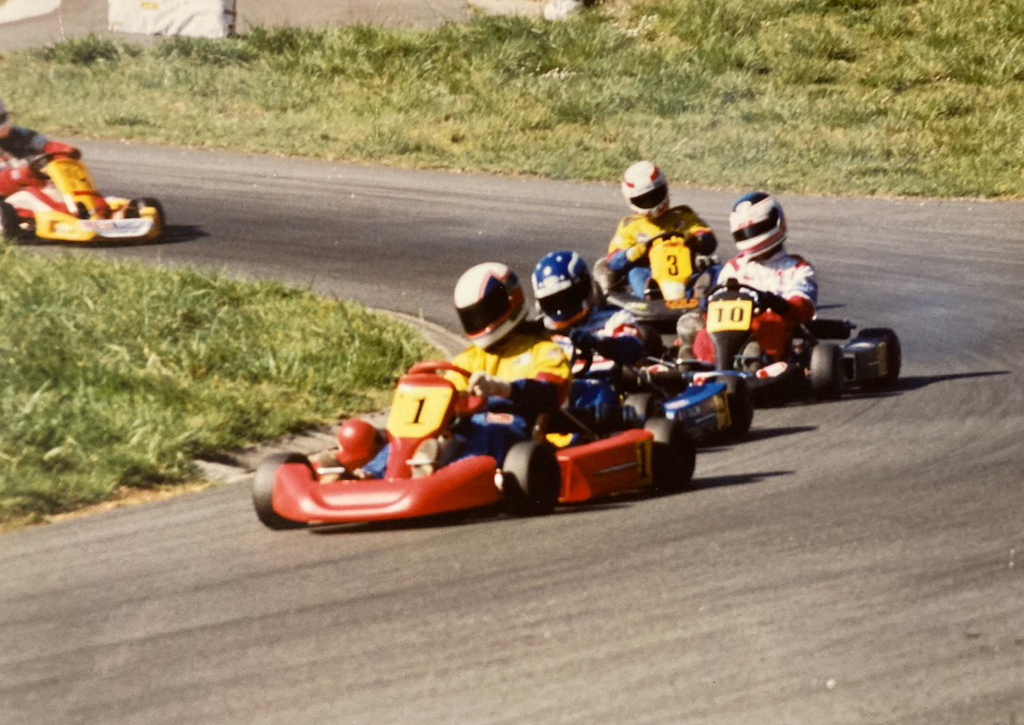 Sébastien Biloé à l'époque où le karting 100 cm3 régnait en maître, ici devant d'autres grands pilotes de la ligue Limousin-Atlantique, FranckTalon, Michel Peurière et Sébastien Bernard